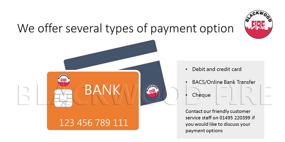 Payment options include debit card, credit card, BACS, cheque and cash