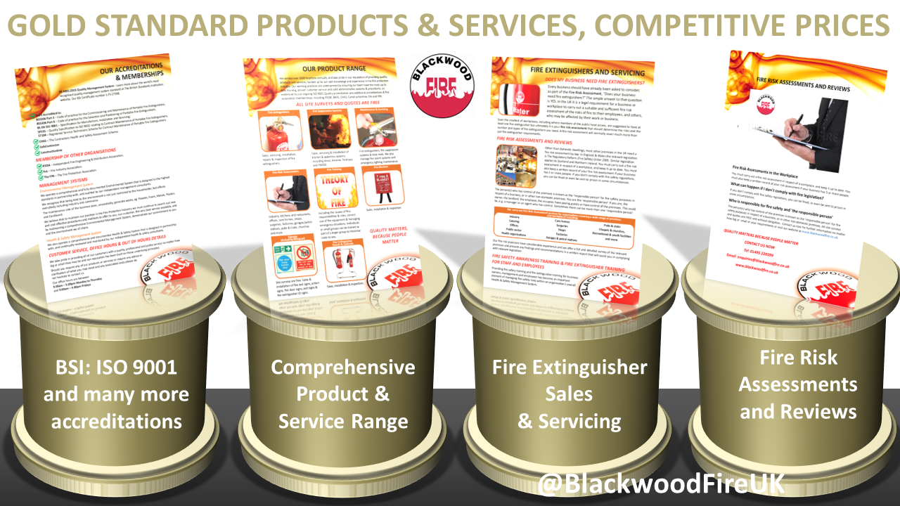 Brochure pages about Fire Protection Products & Services displayed on gold stands