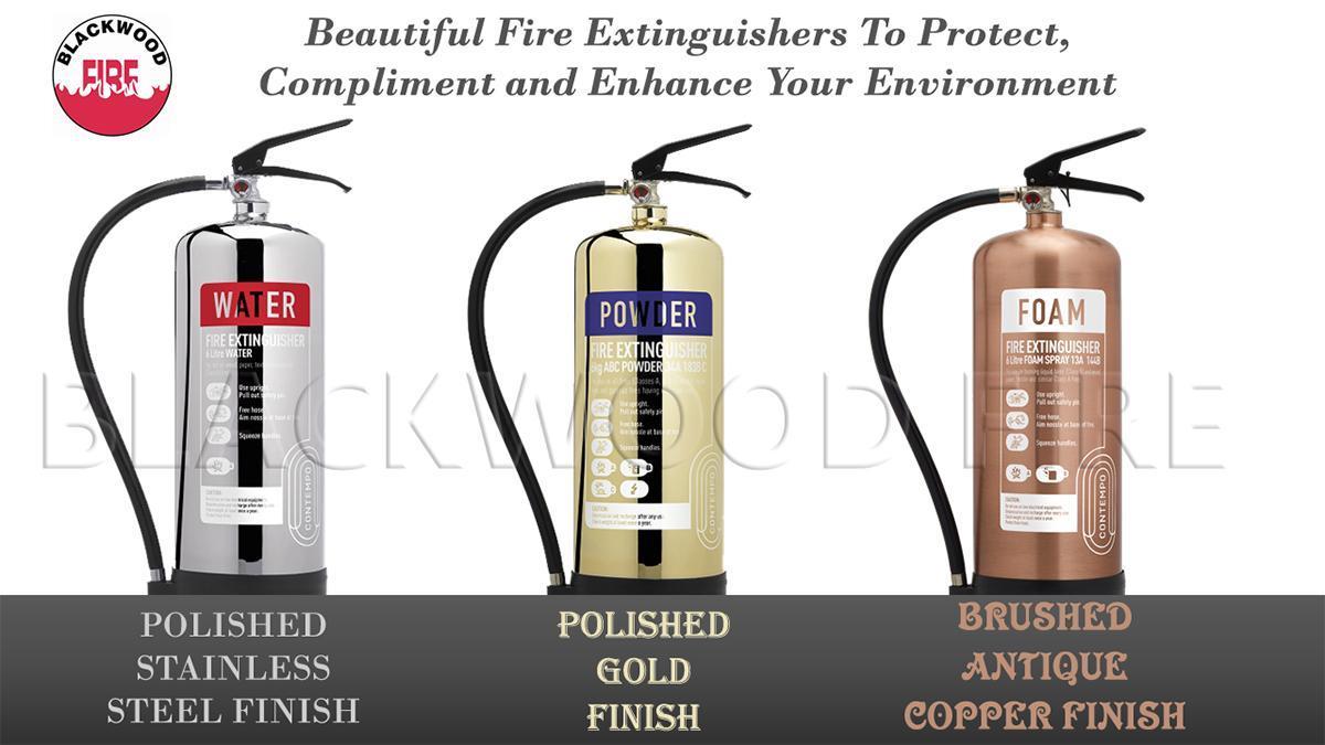Designer gold, silver and copper finish fire extinguishers - Blackwood Fire