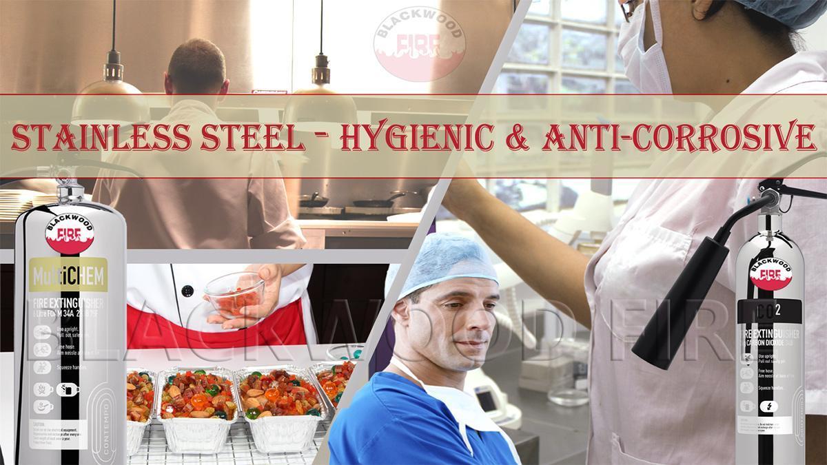 Stainless steel fire extinguisher for food areas, medical environments and laboratories