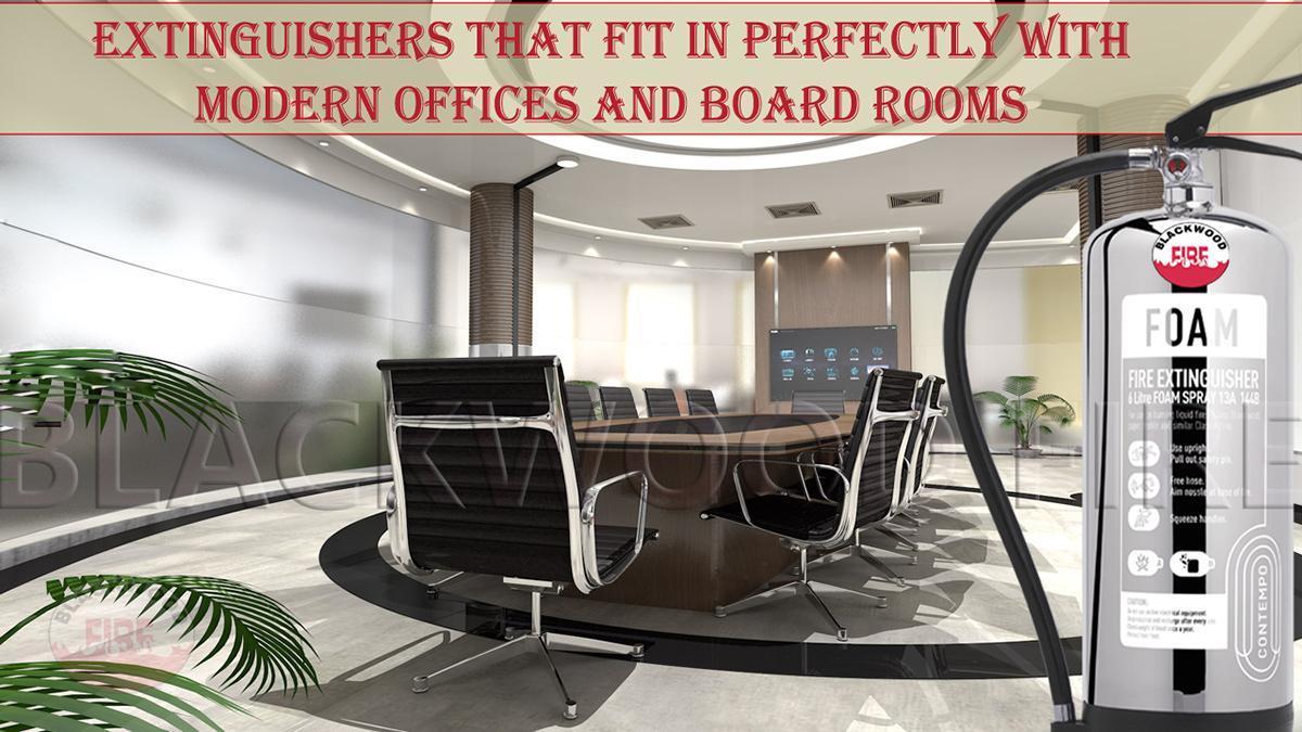 Polished stainless steel fire extinguisher in modern office -Designer gold, silver and copper finish fire extinguishers