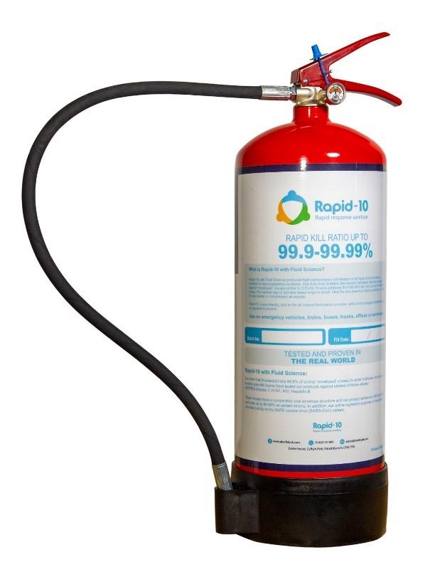 Rapid-10 portable anti-virus sanitiser spray comes in a fire extinguisher type container. Just point the nozzle and spray